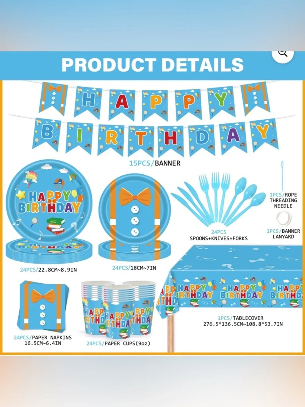 Blue & Orange Happy Birthday Disposable Tableware Set for 24